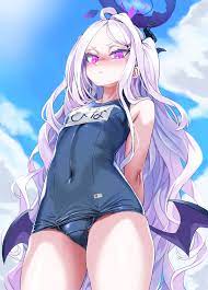 asanagi, hina (blue archive), hina (swimsuit) (blue archive), blue archive,  commentary request, highres, 1girl, arms behind back, bat wings, black  horns, blue sky, closed mouth, cloud, covered navel, day, flat chest, hair