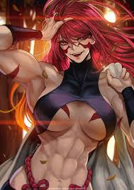 magion02, fuuma kotarou (tenkaichi), tenkaichi nihon saikyou bugeisha  ketteisen, commentary, english commentary, highres, 1girl, abs, adjusting  hair, arm tattoo, arm up, armpits, artist name, bare shoulders, biceps,  black shirt, blouse, breast tattoo,