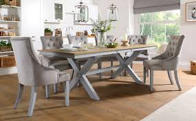 Grange Painted Grey And Oak Extending Dining Table With 4 Duke Light Grey Fabric Chairs Fu Oak Extending Dining Table Grey Dining Tables Velvet Dining Chairs