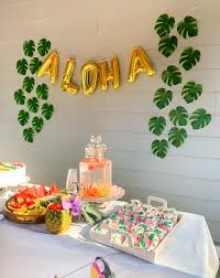 This beautiful hawaiian themed 1st birthday party was submitted by joanne charmand of cakes by joanne charmand. Tropical Hawaiian Theme Bridal Shower Party Bridal Shower Decoration Ideas Aloha Balloons Palm Leaves Just A Tina Bit
