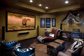 Fascinating Leather Sofa And Lounge Chair Facing Wide Screen Inside Vintage Home Theater Desig Small Home Theaters Home Theater Setup Home Theater Installation