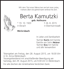 Последние твиты от victor kamutzki (@vkamutzki). Berta Kamutzki Traueranzeige Trauer Infranken De