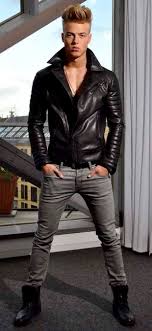 Looking Good In Grey Jeans Leather Jacket And Boots Mens Outfits Leather Jacket Leather Jacket Men