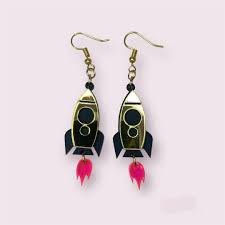 Shiny Gold Retro Rocket Ship Earrings