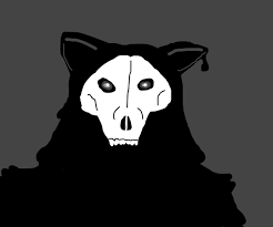 His body is black and flowy like tar covered in thick fur, and behind him is a long, shaggy tail curled around his feet. Puro Changed Drawception