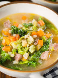 Close-up of tender lamb and cabbage in broth