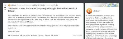 Musk's move saw the price of bitcoin, which dipped below $30,000 (£21,880) earlier this week, soar nearly 19% to over $37,000. A Month Old Reddit Post Appears To Make Public Tesla S Bitcoin Strategy Financial Times