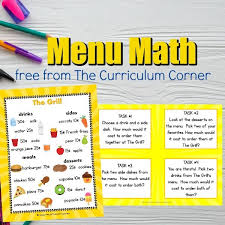 Invite students to brainstorm these math skills (e.g., adding and subtracting food prices, calculating percentages for the tip, etc.). Menu Math Center The Curriculum Corner 123