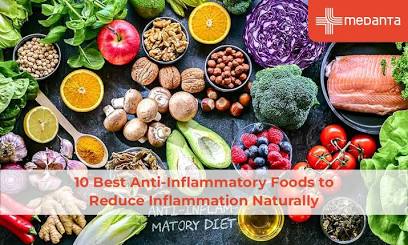 A vibrant spread of nutrient-dense anti-inflammatory foods, AI generated