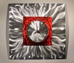 Modern Hand Crafted Metal Abstract Wall Clock Sculpture Silver And Red Fire Elemental Art By Jon Alle Contemporary Wall Art Metal Wall Clock Metal Sculpture
