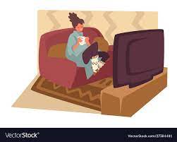 Woman Watching Tv And Lying On Sofa Recreation Pastime Vector Girl With Tea Or Cocoa Watch Television On Couch Relaxat Illustration Cartoon Drawings Cartoon