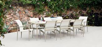 The six chairs feature an elegantly curved back complemented by two horizontal slats and an upholstered seat with a light grey cover, plus four gently tapered legs with back and side stretchers. Brown Jordan Outdoor Furniture Villa Terrazza Patio Furniture Sonoma 707 933 8286