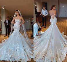 2019 Ivoy Lace Appliqued Straples Mermaid Wedding Dresses Cheap Sheath Lcae Up Back Coury B Strapless Wedding Dress Mermaid Wedding Dresses Lace Bridal Dresses