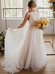 A Line Princess Lace Tulle Sleeveless Halter Floor Length Wedding Dresses Destination Wedding Dress Wedding Dress Necklines Plus Wedding Dresses