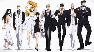 Safebooru 3girls 5boys Apple Arms Behind Back Black Dress Black Hair Blonde Hair Bowtie Brad Trigun Closed Eyes Crossed Arms Crossed Fingers Dress Earrings Food Formal Fruit Hand In Pocket Hat