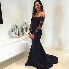 Navy Blue Off Shoulder Mermaid Prom Dress Formal Gowns Long Lace Sleeves Long Sleeve Lace Bridesmaid Dresses Burgundy Bridesmaid Dresses Long Mermaid Evening Dresses