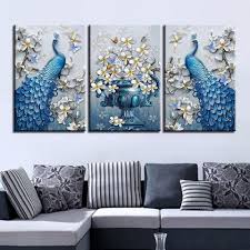 Blue Peacock Flowers Set Peacock Wall Art Living Room Canvas Painting Peacock Wall Decor