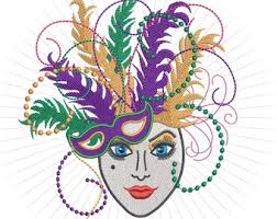 Mardi Gras Lady Mask Embroidery Design 3 Sizes 8 Formats Instant Download.  Feathers & Beads Harlequin Mask Logo 4x4 5x7 6x10 ITEM# MGLM
