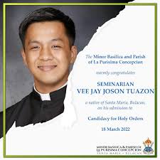 JUST IN: This day, March 18, 2022, our seminarian, Bro. Vee Jay Tuazon was  received in the holy mass presided by Most Rev. Dennis C. Villarojo, D.D.,  for the candidacy to Holy