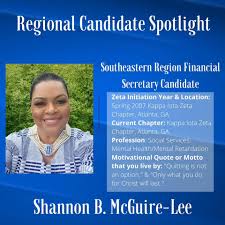 Kappa Iota Zeta's own Shannon B McGuire-Lee is seeking your support for  Re-Election as the Southeastern Region's Financial Secretary! Take a few  moments to learn more about our candidate's experiences. #getengaged  #ZPhiBHA #