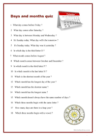 Many restaurants are open on christmas day and even offer special meals and deals to patrons. Days And Months Quiz English Esl Worksheets For Distance Learning And Physical Classrooms