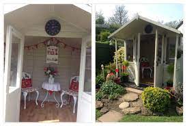 Paint the interior of a wooden summer house in white: 10 Ideas For Decorating A Summerhouse Waltons Blog Waltons