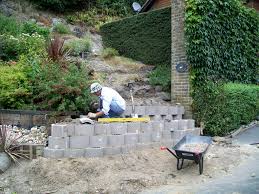 Avoid placing the retaining wall where downspouts are pointed to keep standing water from forming inside the wall. The Beginning Of A Terraced Garden Wall At A Drive Entrance Using The Terraforce L15 Retaining Wall Block Garden Wall Terrace Garden Diy Garden