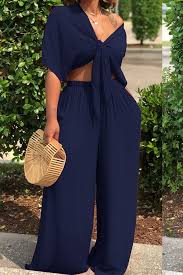 Lovely Casual Deep V Neck Loose Dark Blue Two Piece Pants Set Two Pieces Lovelywholesale Wholesale Shoes Wholesal In 2020 Fashion Fashion Outfits Two Piece Pants Set
