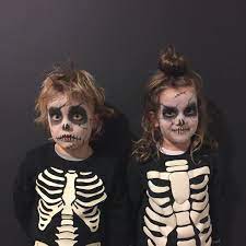 Zombie Skeletons Ready For Action Earlier And Now Sat Watching Strictly Halloween Twins Twinstagram Halloween Makeup For Kids Kids Zombie Makeup Kids Makeup