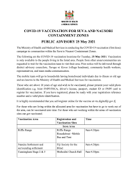Has a clear, straightforward portal with several options for registering for the vaccine. ØªÙˆÙŠØªØ± Fiji Ministry Of Health Medical Services Ø¹Ù„Ù‰ ØªÙˆÙŠØªØ± Covid 19 Vaccination For Suva And Nausori Containment Zones Public Advisory 25 May 2021 The Ministry Of Health And Medical Services Is
