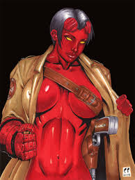 chris foulkes, daikkenaurora, hellboy, hellboy (comic), gender request,  1girl, black hair, breasts, colored skin, demon girl, female focus,  genderswap, gun, handgun, monster girl, navel, pistol, red skin, solo,  weapon - Image View - |
