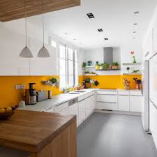 glass countertops and yellow backsplash