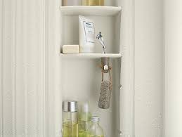The niche is divided with a tall space for bottles and a smaller shelf on top for a soap dish and razor. K 97630 Choreograph 9 Inch Shower Locker Storage Kohler