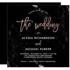 Modern Script Rose Gold On Black Marble Wedding Invitation Zazzle Com Marble Wedding Marble Invitation Wedding Typography Wedding Invitations
