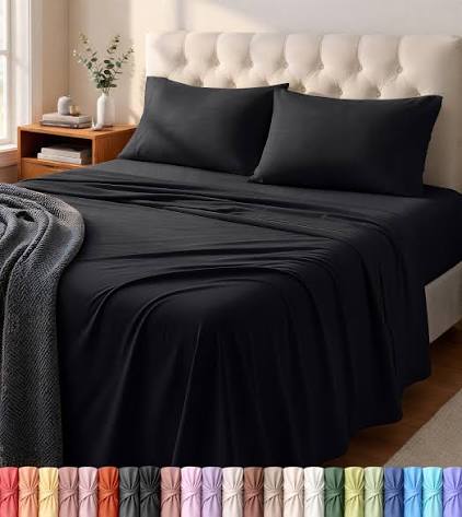 Amazon.com: Jersey Knit Sheets 4 Piece, Cotton T-Shirt Feel, Queen, Black | Stretchable 4 Piece Set, Super Soft Cotton & Breathable, Secure Fit, Easy-Care, Wrinkle Resistant, Durable, All-Season