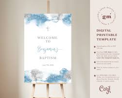 Boy Baptism Welcome Sign, Silver & Blue, EDITABLE Christening Poster  Template, Printable Watercolor Baptism Decoration, 1st Communion BA07-5