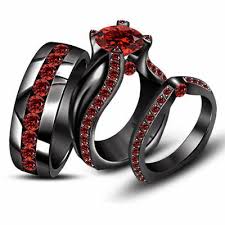 Black And Red Rings For Her 3 00 Ct Red Garnet His Her Band Matching Wedding Trio Ring Set Black Gold Over Silver Engagement Rings Engagement Wedding Ring Sets Garnet Wedding