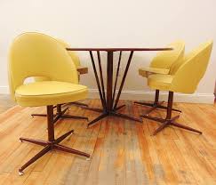 Mcm Dining Table Chairs Set 5 Yellow Vinyl Swivel Chairs Round Faux Marble Table 48 Diameter Mcm Dining Table Mid Century Modern Dining Set Marble Dining