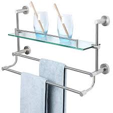 Alise Bathroom Shelf Sus 304 Stainless Steel Shower Glass Shelf With Double Towel Bar Rail Towel Rack Wall Mount Br Glass Shower Glass Shelves Bathroom Shelves