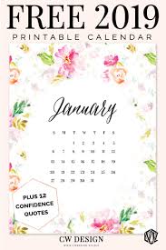 Free 2019 Calendar With Watercolor Florals With Free Confidence Quotes Floral Watercolor Wall Art Quotes Watercolor Calendar