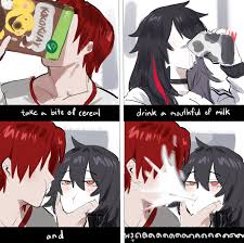 kurenaiz (kuayrenaiz), heart (kurenaiz1), k (kuayrenaiz), original,  absurdres, highres, 1boy, 1girl, black choker, black hair, breasts, cereal  box, choker, cleavage, comic, drinking, eating, english text, half-closed  eyes, hand on anothers face ...