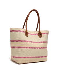 Riachuelo Bolsa Palha Listras Coloridas Bege Off White Rosa