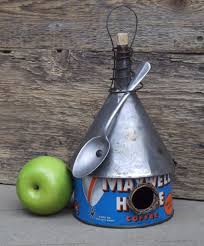 Whimsical Birdhouse Vintage Coffee Can Birdhouse Funnel Roof Recycled Spoon Bird Houses Diy Birdhouses Rustic Bird House