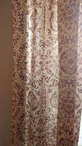 My Red Patterned Iona Curtains From Tuesday Morning 108 Inches Long For Only 20 Bucks A Panel Red Pattern Printed Shower Curtain Great Rooms