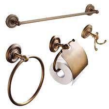 Auswind Antique Brass Bathroom Accessories Set 4 Pcs Toilet Paper Holder Towel Ring Towel Bar R Bathroom Accessories Sets Brass Bathroom Accessories Towel Bar