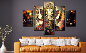 Design decor disha indian art gallery wall reveal wall decor. Amazon Com Large 5 Pieces Lord Ganesha Indian Wall Decor Hindu Temple Puja Mandir For Home Elephant Zen Photo Picture Canvas Print Paintings For Living Room House Wooden Framed Decorations 60 W