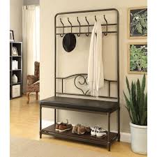 Black Metal Hall Tree Padded Bench Mirror Coat Rack Entryway Storage Hook Hanger Ebay