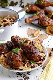 Jamaican Jerk Chicken Drumsticks With Caribbean Rice With Peas Beans Recipe Caribbean Rice Jerk Chicken Chicken Drumsticks