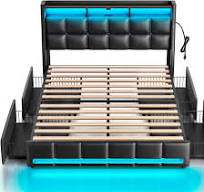 Lit Double 180x200 Avec Rangement LED - Tête De Lit Capitonnée Cuir PU