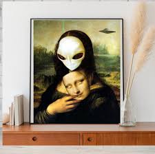Mona Lisa With Alien Mask Print, Jpeg,png Printable Original Oil Painting  Cat Portrait Poster, Vintage Wall Art, Unique Gift